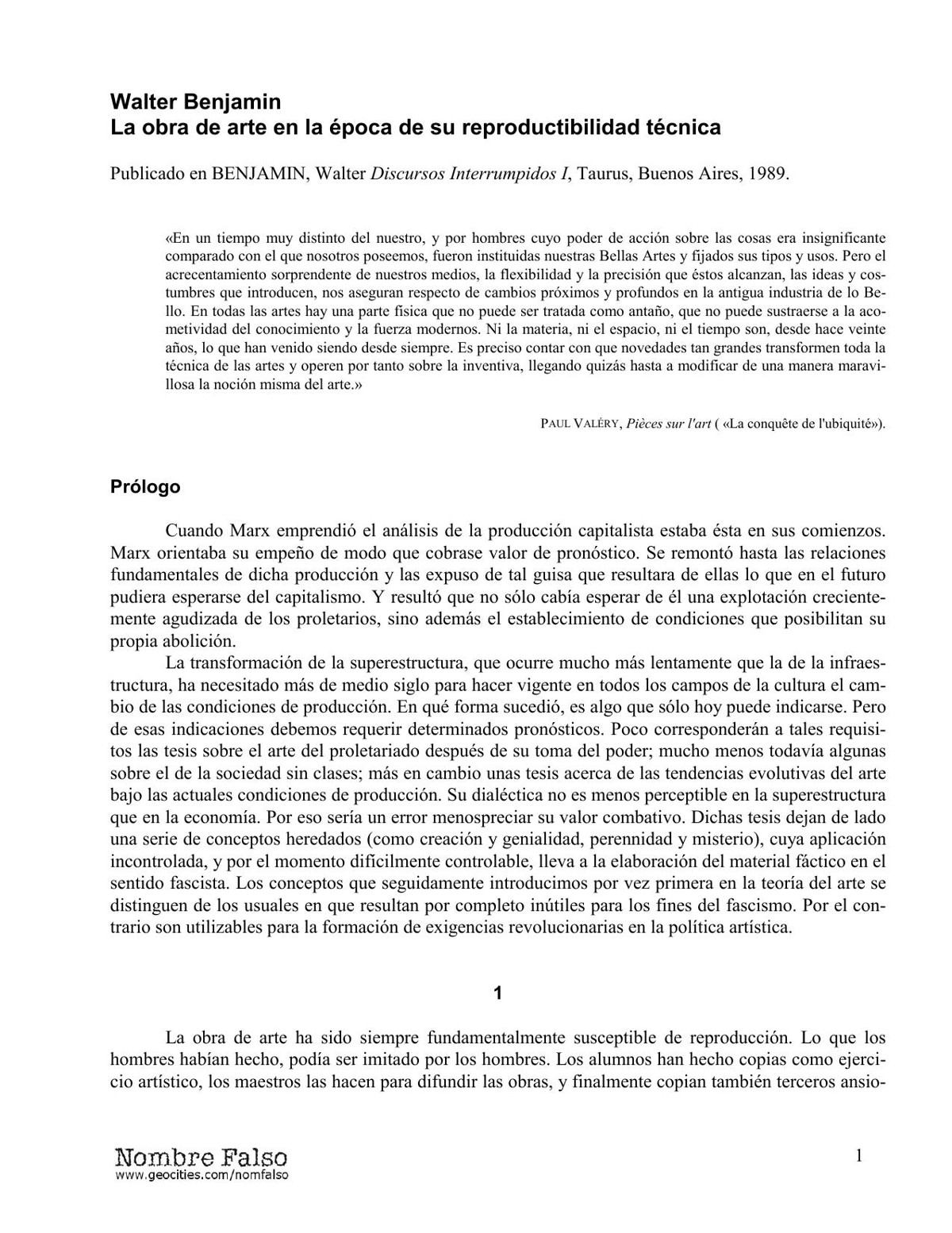 La obra de arte en la época de su reproductibilidad técnica W. Benjamin